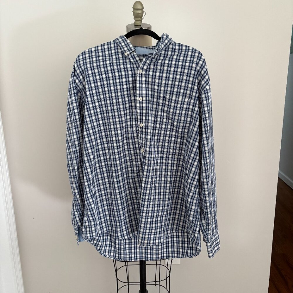 Izod Non-Iron Stretch Blue & White Plaid Long Sleeve Button Shirt Preppy XL